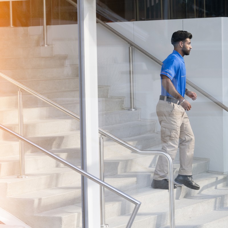 Signal officer on stairs. 